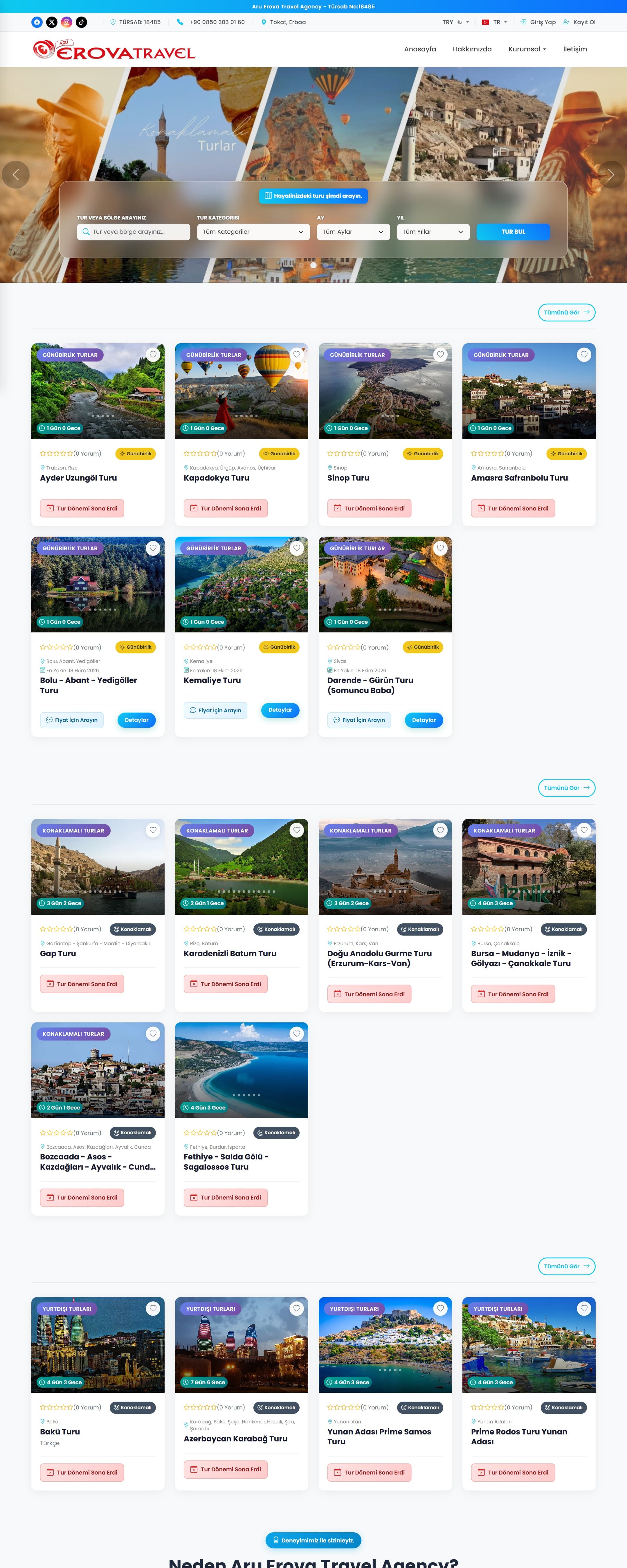 Erova Travel web sitesinin masaüstü görünümü: tur arama alanı ve tur kartları